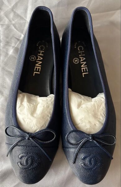 CHANEL シャネル ココマーク リボン バレエシューズ ネイビー 美品