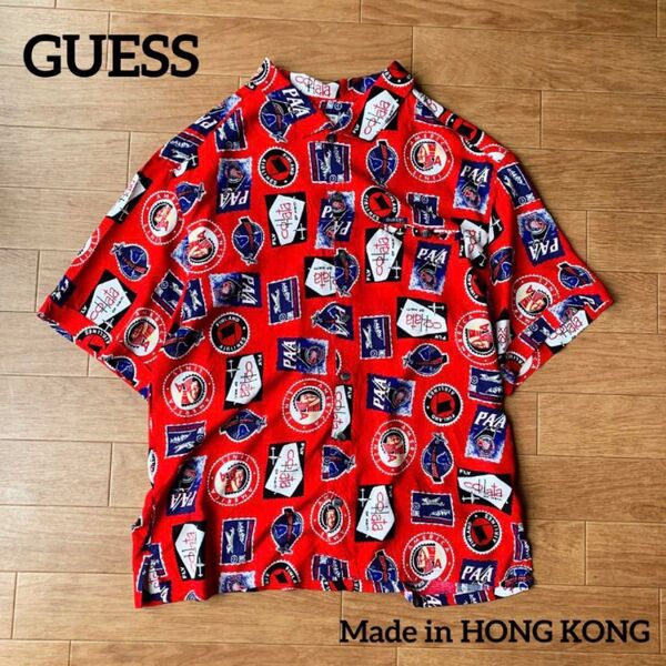 90s 香港製 GUESS アロハシャツ レッド レトロポップレーヨン 2XL