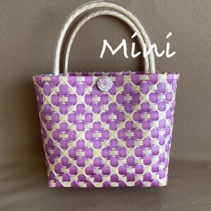 プラカゴ 花柄 ミニサイズ パープルxベージュ バスケット エコバッグ ハンドメイド かごバッグ PPバンドプラかご