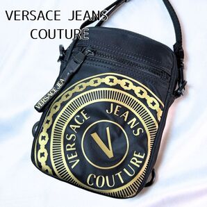 美品 VERSACE JEANS COUTURE ショルダーバッグ ナイロン ブラック ゴールド 斜め掛け スマホショルダー