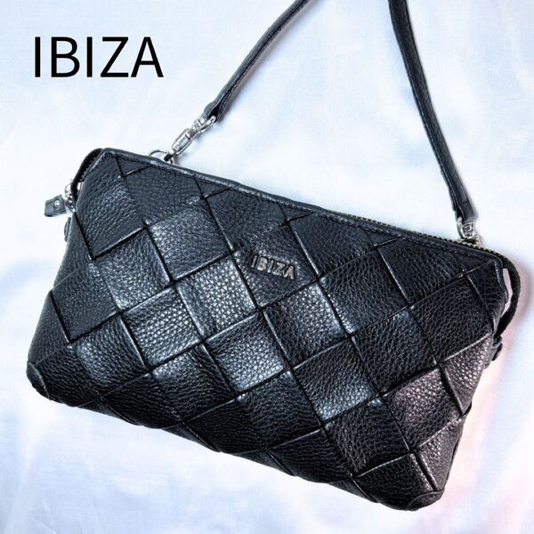 希少 IBIZA イビザ お財布 ショルダーバッグ 編み込み イストリア ブラック 黒 シボ革 レザー 本革 ロゴ金具