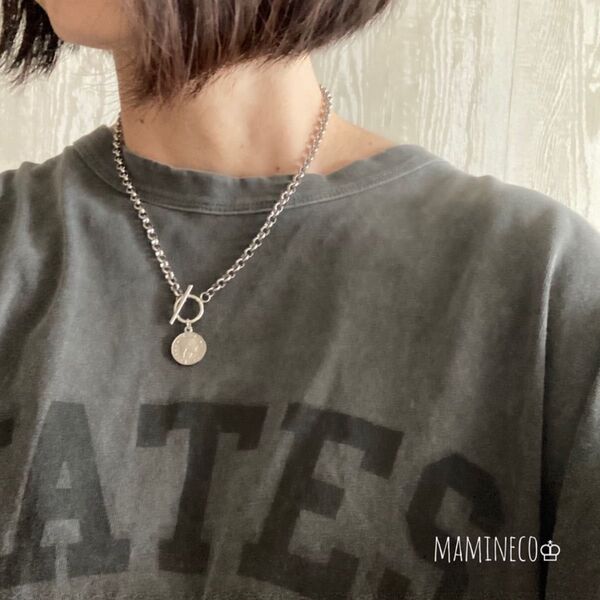 オールステンレス製 ロールチェーンマンテルネックレス コイン付き