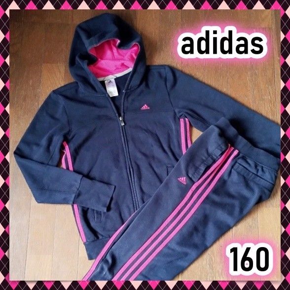 adidas アディダス ジャージ上下セット 160 3本線 部屋着 黒 ピンク ルームウェア ライン スウェット 運動会