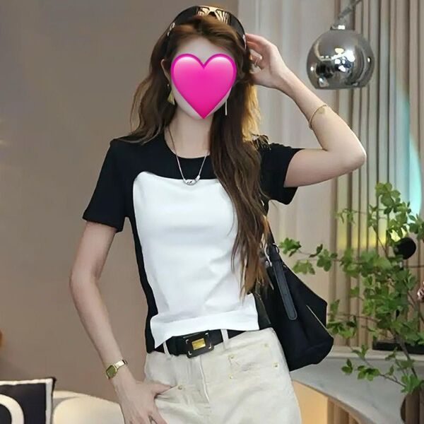 新品 モノトーンバイカラートップス 半袖Tシャツ