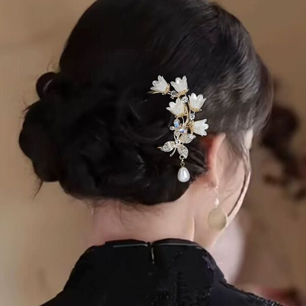 和風かんざし風/花×蝶×パール付き髪飾り ヘアアクセサリー 簪 同梱割引あり