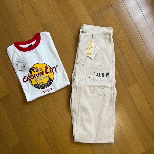 洗濯のみ保管品 2点セット品 AVIREX リンガーTシャツ(赤/白) XL デッキパンツ(生成) L 裾上げ75cm済み