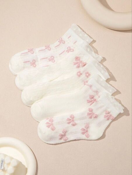 新品 SHEIN キッズ靴下 ミドル丈 ソックス リボン 白 セット レース