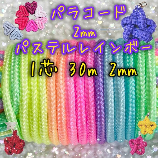 パラコード 1芯 30m 2mm 特注品濃いめパステルレインボーカラー