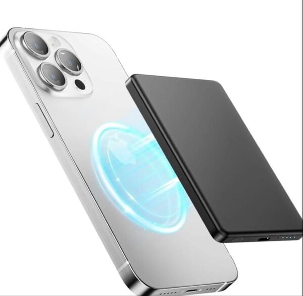 MagSafeモバイルバッテリー 5000mAh 薄型 マグネット式 ワイヤレス充電器 マグセーフ 小型 残量表示 有線無線 軽量