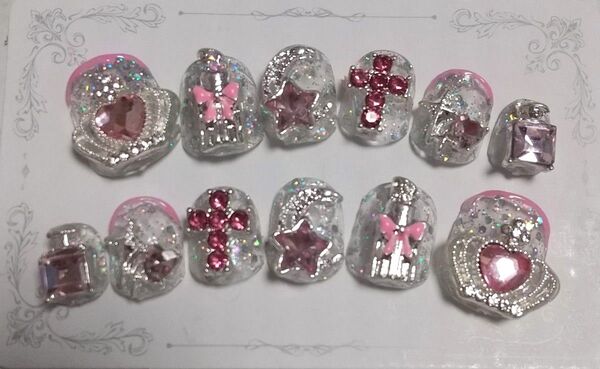 NAIL No☆98 ジェルネイル 再販 3D 量産型 地雷 キラキラ ミニ爪 ジュエル 王冠 現品