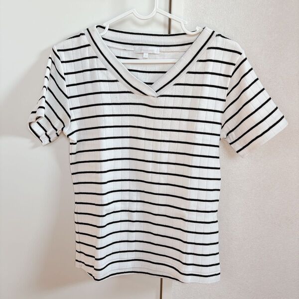 【288】 アメリカンホリック アメホリ ボーダー Tシャツ 半袖 カットソー Vネック ホワイト
