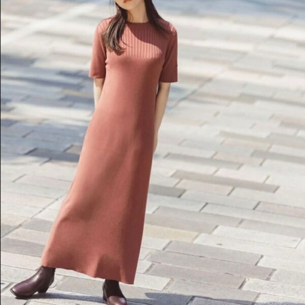 Iライン総針ニットワンピースNATURALBEAUTYBASICロングワンピース 半袖ワンピ