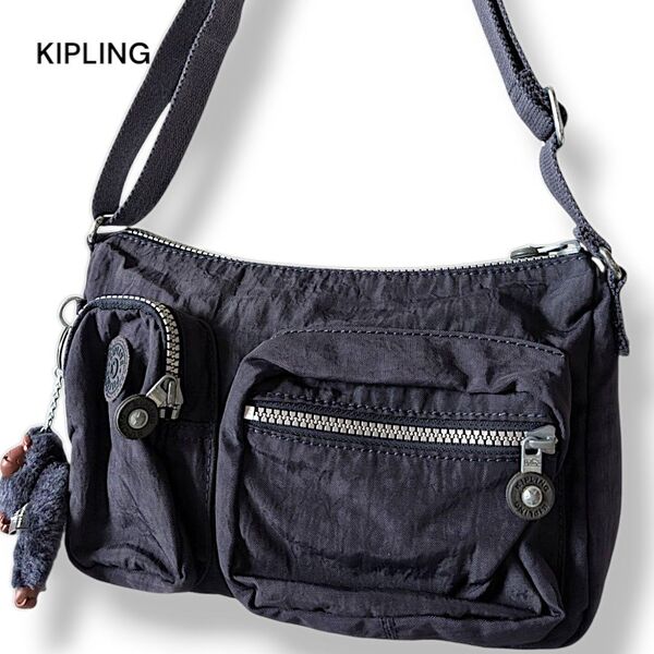 KIPLINGキプリング ショルダーバッグ ナイロン ブラックネイビー系ゴリラ付