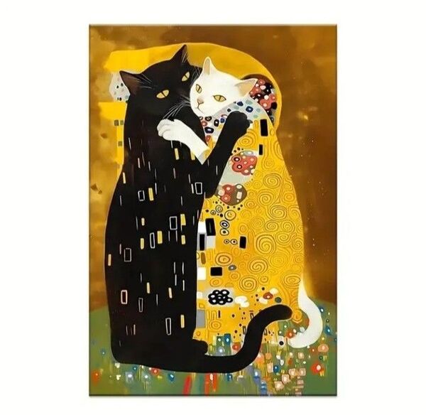 グスタフクリムトデザインD 猫の接吻 キス アクリル画仕様キャンバス画ア-ト ポスター 20cm x 30cm