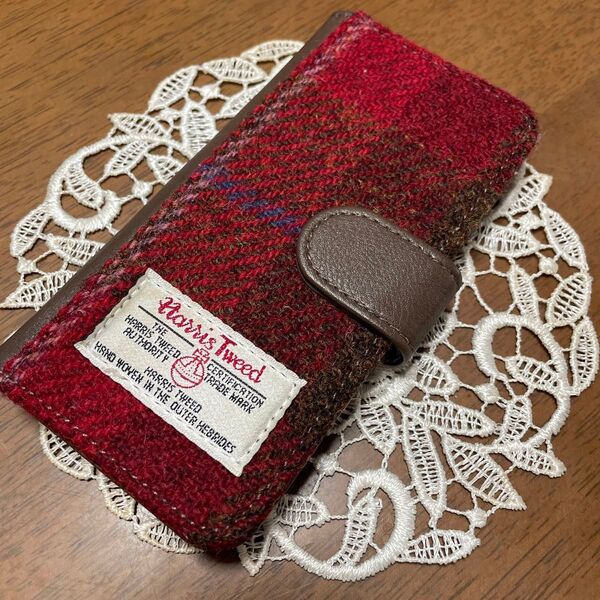 Harris Tweed スマホケース 手帳型 レッドiPhone7、8、SE美品