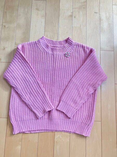 ピンクセーター ニットコットン30%アクリル70%春ニットザックリセーター可愛いリースパールトップス