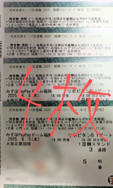 6/5ソフトバンク対中日交流戦チケット4枚通路側