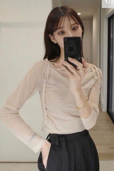 amel tulle layered ribbon tops ピンクベージュ