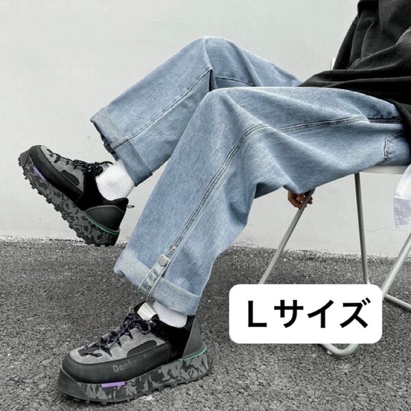 メンズ ロールアップ デニム ジーンズ ワイドパンツ ストリート y2k 大きめ 男女兼用 ユニセックス Lサイズ