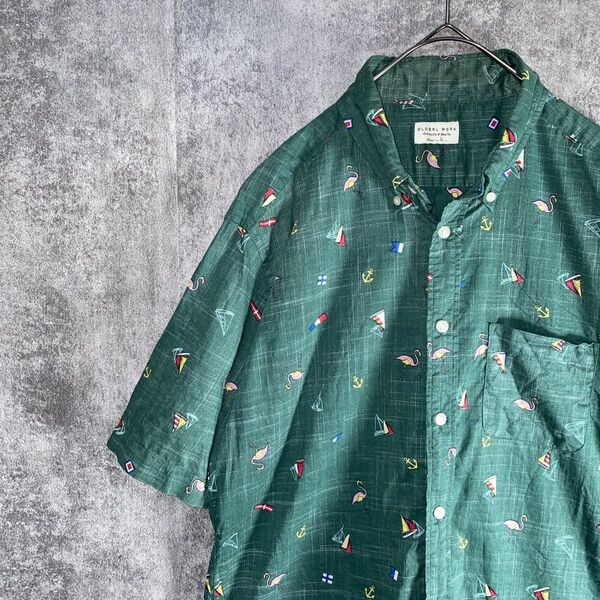 GLOBAL WORK グローバルワーク 柄シャツ 総柄 半袖 マリン グリーン コットン ボタンダウン カジュアル ユニセックス