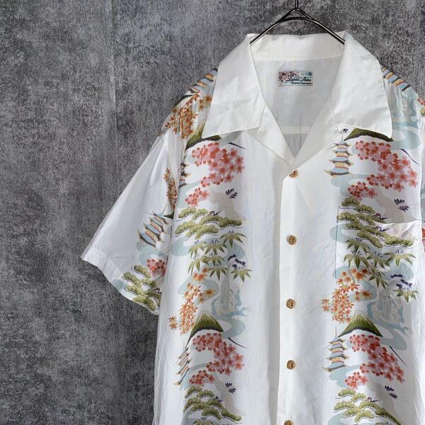 liquid aloha アロハシャツ ジャパニーズアロハ和柄 鶴 松 半袖 半袖シャツ 総柄 和柄 ホワイト 半袖 古着