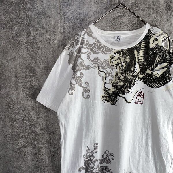 【空ku】和柄 半袖Tシャツ 龍 ドラゴン 両面プリント オーバーサイズ 4L Tシャツ 半袖 ホワイト タトゥー ビッグサイズ