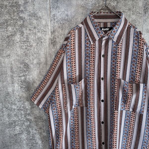 kutir クティール 総柄シャツ 半袖シャツ ネイティブ柄 ポリシャツ フリー シャツ 半袖 メンズシャツ メンズトップス
