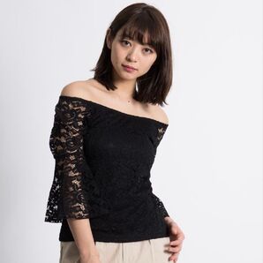 WEGO 2way 花柄 レース オフショルダー 七分袖 トップス ブラック