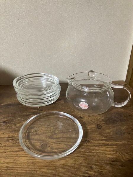 ● ハリオ HARIO 熱湯用 耐熱ガラス 透明丸ティーポット ガラスポット茶急須 ●ガラス製 丸皿 菓子皿 銘々皿 5枚●砂糖付