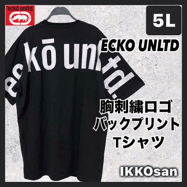 大きいサイズ エコーアンリミテッド Tシャツ 半袖 刺繍ロゴ バックプリント アーチロゴ ストリート メンズ5L 4XL 黒