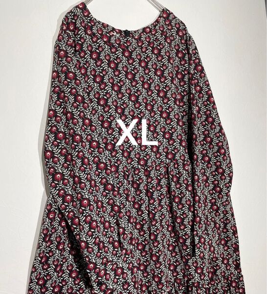 kameya 長袖ロングワンピース XL(LL)サイズ 花柄 総柄 フレア 体型カバー ティアード