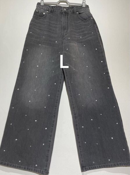 GRL ワイドデニムパンツ Lサイズ スパンコール グレーブラック 足長効果 美シルエット ジーンズ