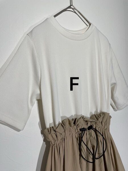 半袖ロングワンピース フリーサイズ S M L F バルーン 美シルエット バイカラー 異素材 ニット 大人可愛い aライン