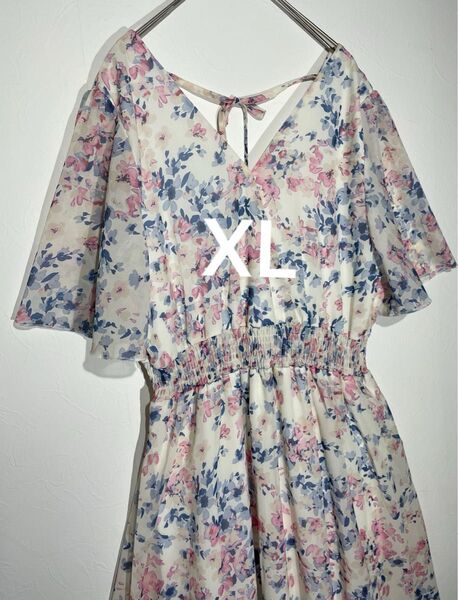 DAYCLOSET 半袖ロングワンピース XL(LL)サイズ ミモレ丈 花柄 総柄 フレア 美シルエット 春夏 オフィスカジュアル