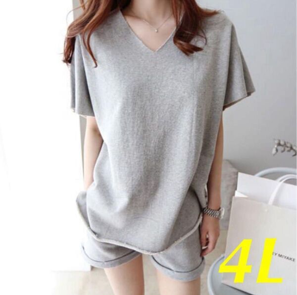 レディース ルームウェア Tシャツ&ショートパンツ セット4L グレー 部屋着 グレー Vネック カットソー