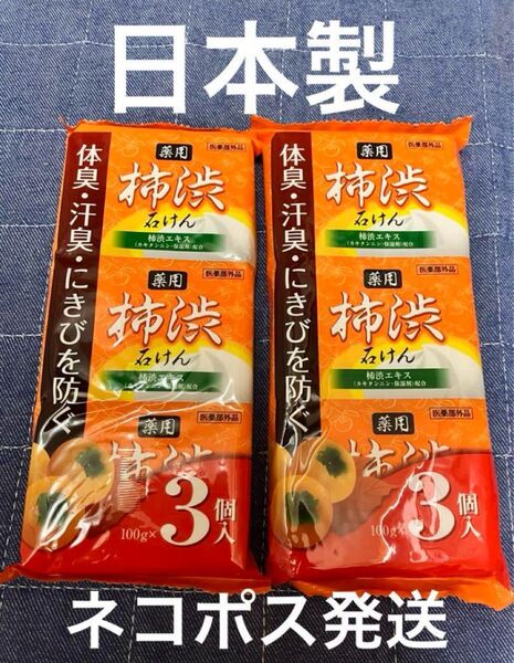 日本製 薬用 柿渋石鹸 100g×3個セット×2袋 柿渋エキス カキタンニン・保湿剤配合SOCうるおい 汚れの除去 ニキビ予防