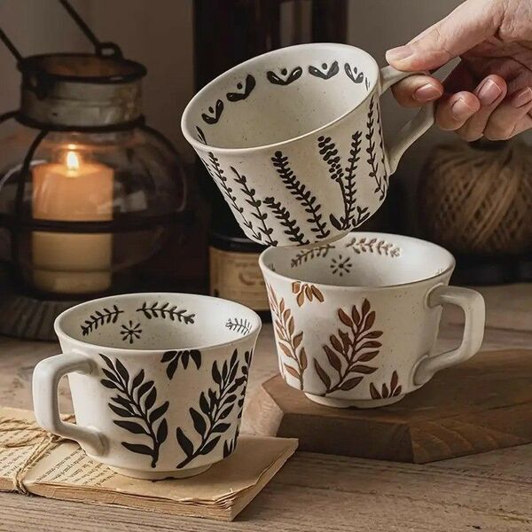 【北欧デザイン】葉柄のセラミック製 コーヒーマグ おしゃれ 300m カフェ コップ 保温951999