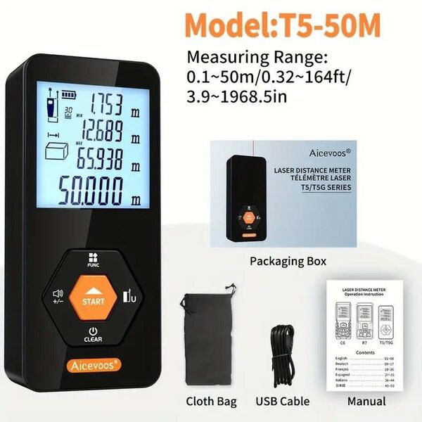 レーザー距離計 50m範囲 USB充電式 デジタル 測定器 高精度 0.001mm対応 スケール999996