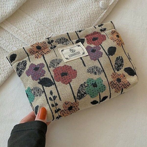 ベージュ 花柄 ジャカード リネン コスメポーチ レディース 女性用 メイク エステ 収納 可愛い トラベルポーチ679996