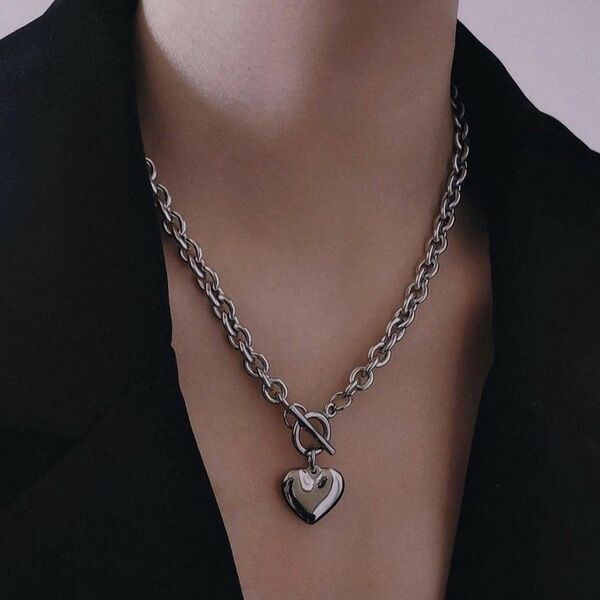 ファッショナブル ステンレス OTバックル ハートペンダント ネックレス 女性用 レディース シルバー 可愛い527791