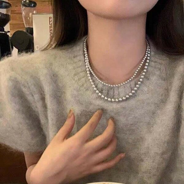 シルバーグレー フェイクパール ヴィンテージ風 多層ネックレス アイスペンダント 4mm 8mm 2点セット163084