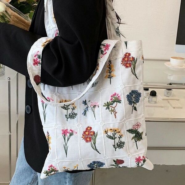 ヴィンテージフラワー 刺繍 大容量 トートバッグ 花柄 シンプル カジュアル お洒落734595