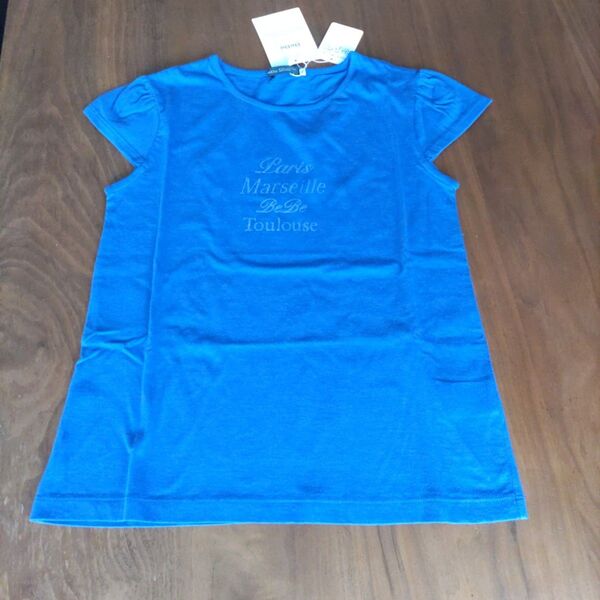150☆BeBe べべ・ラメロゴ カットソー Tシャツ 青 ブルー