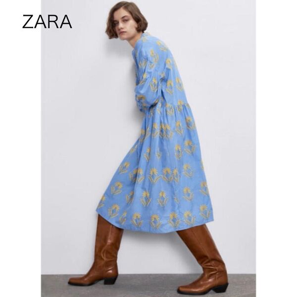 【美品】ZARA ミモザ 花柄 エンブロイダリー ワンピース 総刺繍 水色 黄色 ワンピース ブルー シャツワンピ ザラ 長袖