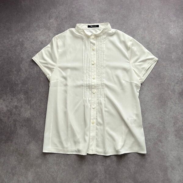 Aquascutum アクアスキュータム ウイングカラーピンタックブラウス 半袖 透け感 白 レーヨン 切り替え