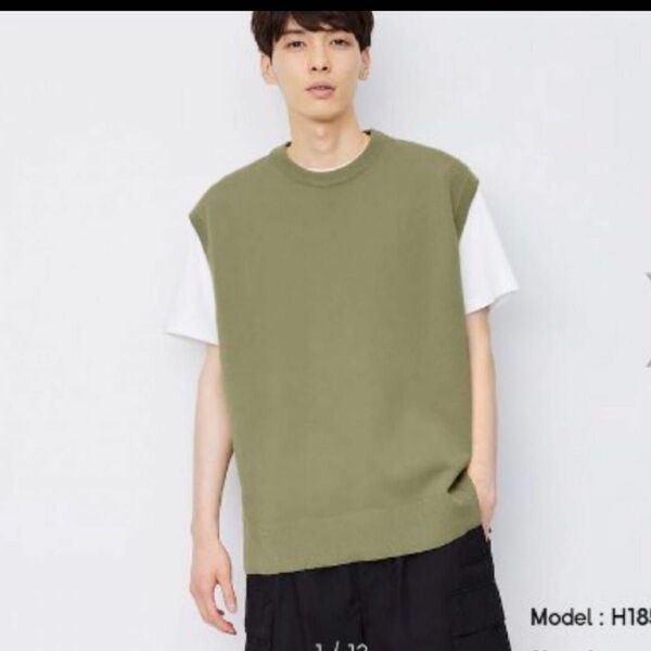 GU ウォッシャブルベスト メンズ M ニットベスト カーキ 春服