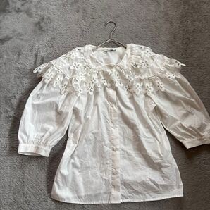 SANDRO 刺繍フリル襟ホワイトシャツ フランス パリ製