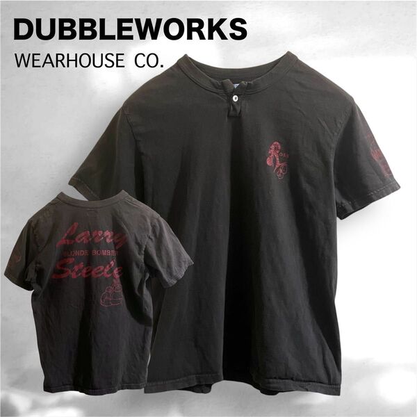 ダブルワークス ヘンリーネック 半袖 Tシャツ 黒 M プリント DUBBLEWORKS WEARHOUSE カットソー ブラック
