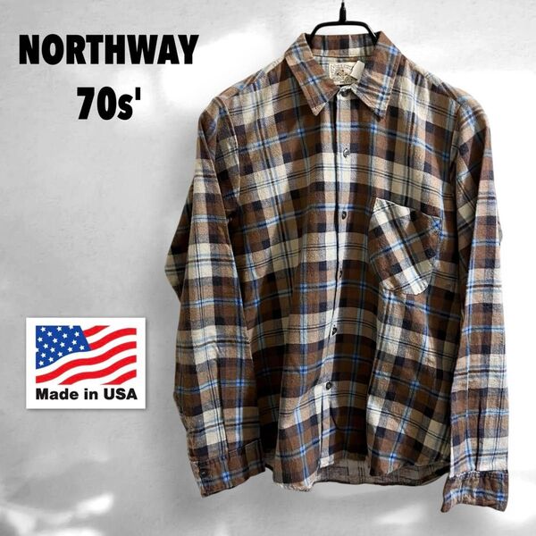 米国製 70s NORTHWAY ライトネル チェック ネルシャツ ヴィンテージ フランネルシャツ プリントネル 長袖シャツ