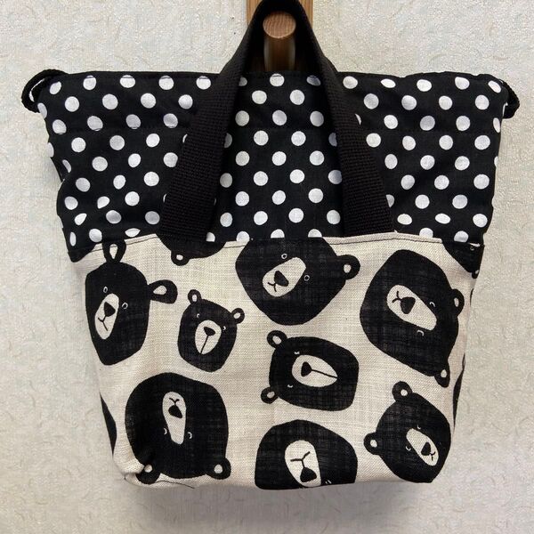 ハンドメイド 保冷保温お弁当袋 巾着袋 ランチバッグ クマフェイス柄 水玉